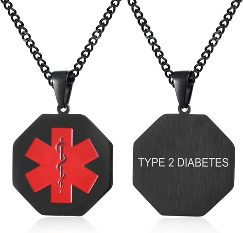 Vista 83 de VNOX Collar con colgante personalizado de acero inoxidable con grabado personalizado para identificación de alerta médica de emergencia para hombres