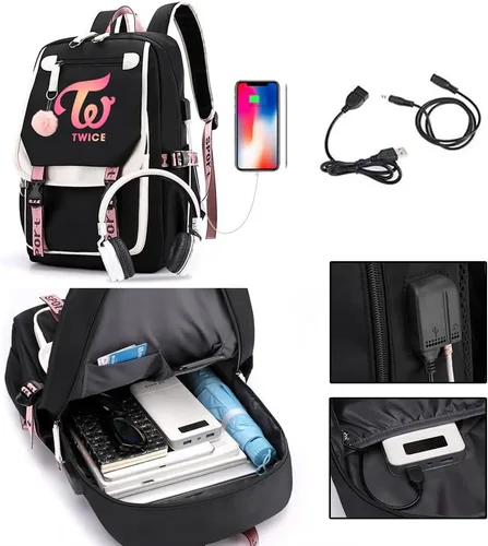 Vista 3 de Kpop - Mochila escolar de dos veces mochila casual para libros de dos veces Negro