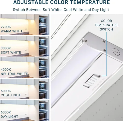 Vista 4 de PARMIDA - Iluminación LED para debajo del gabinete, instalación cableada, 10 pulgadas, 6.5 W, 5CCT seleccionable por color, 2700 K/3000 K/4000