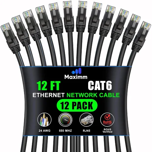 Vista 55 de Maximm Cable Ethernet Cat6 de 7 pies, 10 Gbps 550 MHz, negro, paquete de 12