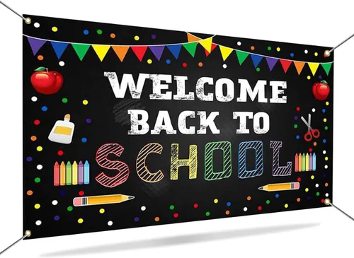 Vista 7 de Mocsicka Telón de fondo de bienvenida de regreso a la escuela, papelería de puntos coloridos para estudiantes y niños, pancarta para el primer día