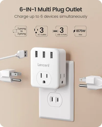 Vista 3 de LENCENT Adaptador de 3 clavijas a 2 clavijas, paquete de 2, extensor de 3 tomas de corriente con 3 puertos USB, cargador de pared, divisor extensor