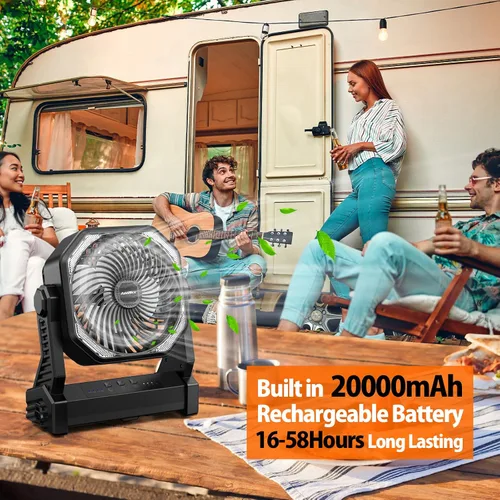 Vista 2 de Ventilador de camping de 20000 mAh, recargable, funciona con batería con gancho giratorio de 360°, luz de 400 lúmenes, pivote de 270°, 4