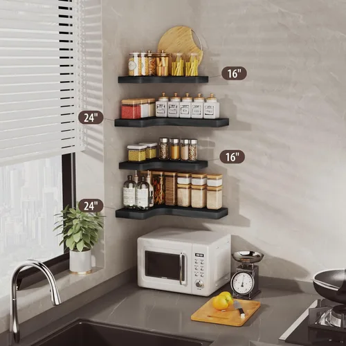 Vista 7 de SAUMONIERES Estantes flotantes de esquina de madera maciza para dormitorio, baño, cocina, almacenamiento, juego de 3, negro, soportes invisibles