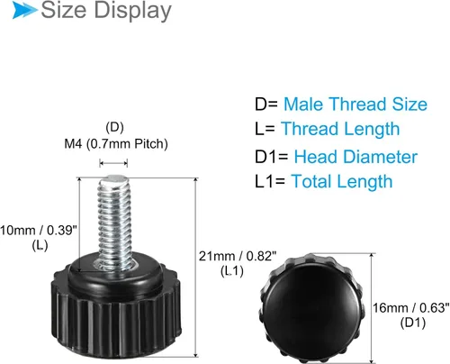 Vista 2 de Perillas de sujeción moleteadas, rosca macho M4 x 0.394 in, cabeza de 0.630 in, perno de agarre de tornillo de pulgar de plástico termoestable