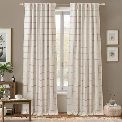 Vista 26 de DriftAway 2 paneles cortinas de lino a cuadros 100% opacas de doble capa cortinas para dormitorio de 96 pulgadas de largo estilo granja con Gris