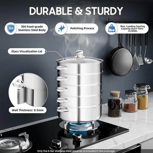 Vista 2 de Vaporizador de acero inoxidable de 5 niveles, olla de vapor para carne y verduras, olla de vapor con tapa de vidrio, acero inoxidable de grado