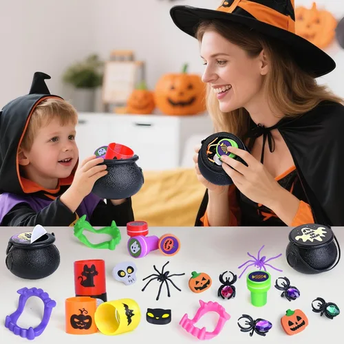 Vista 7 de Recuerdos de fiesta de Halloween para niños, paquete de 24 caldero de bruja de plástico prellenado, juguete novedoso a granel, juguetes de Halloween