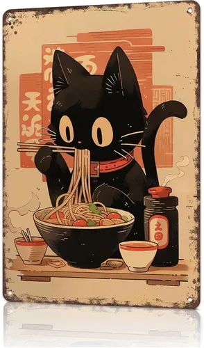 Vista 12 de Cartel de metal con diseño de gato japonés vintage, póster de gato negro comiendo ramen, retro divertido animal comida para amantes de los fideos