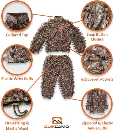 Vista 8 de QuikCamo Mossy Oak 3D Leafy Camo Ghillie Suit - Breathable Quiet Mesh, Snaps and Zippered Pockets for Turkey Hunting
