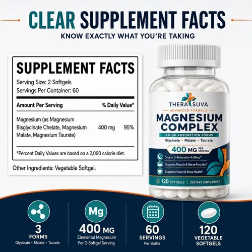 Vista 3 de Complejo de magnesio elemental 400mg, alta absorción 120 cápsulas blandas