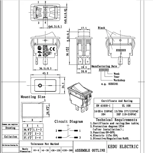 Vista 5 de 1 pieza KEDU HY60E Interruptor de botón pulsador ON-Off Interruptor basculante 20A 125V 16(8) A 250V E195428 Negro