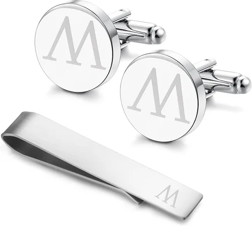 Vista 73 de LOYALLOOK - Gemelos de acero inoxidable grabados con inicial y clip de corbata, diseño de letras del alfabeto con caja de regalo, A-Z