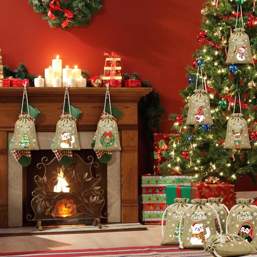 Vista 8 de FLOE 72 piezas Bolsas de regalo de Navidad de arpillera con cordón, bolsas de lino de Navidad con cordón para golosinas, bolsas de regalo de Navidad