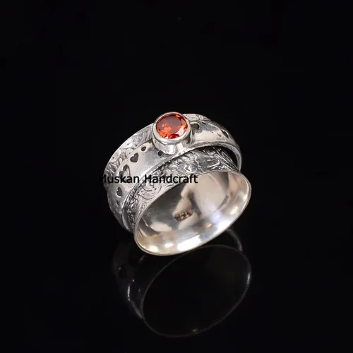 Vista 4 de Garnet Spinner Ring/Pure 925 Sterling Silver Spinning Ring/January Birthstone Ring/Meditation Fidget Ring/Love Heart Leaf Floral Handmade Spin