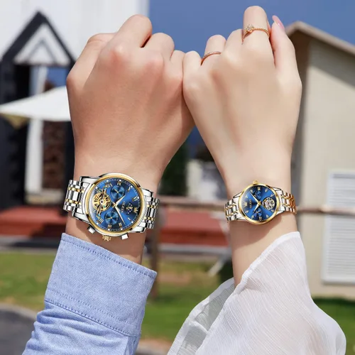 Vista 7 de OLEVS Juego de relojes mecánicos automáticos para parejas, reloj a juego para él y para ella, regalos del día de San Valentín