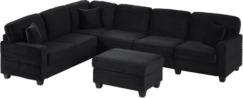 Vista 6 de Sofá modular de 125.2 pulgadas, sofá tapizado en forma de U con otomana móvil y bolsillos laterales de almacenamiento para sala de estar, color negro