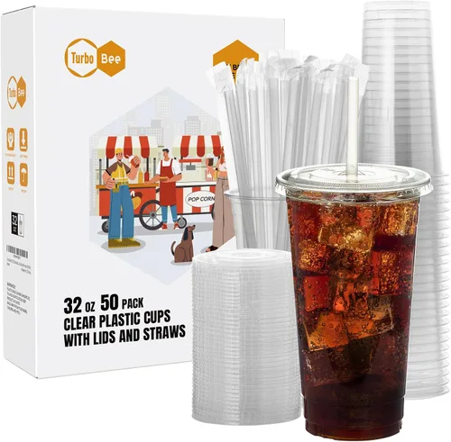Vista 9 de Turbo Bee - 25 juegos de vasos de plástico transparente de 32 oz con tapas y popotes desechables para llevar, vasos con tapas para café helado