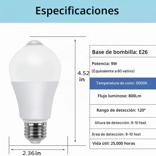 Vista 4 de Bombillas con sensor de movimiento, 9 W (equivalente a 60 W) A19 E26 5000 K, detector de movimiento, bombillas de seguridad activadas