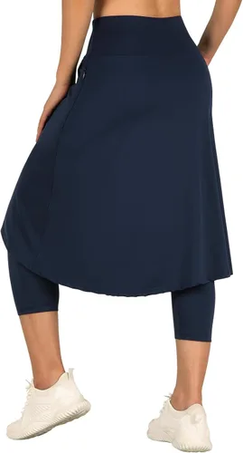 Vista 2 de ANIVIVO Falda de 24 pulgadas hasta la rodilla para mujer con leggings capri, leggings largos deportivos casuales con falda con bolsillos