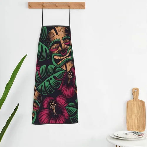 Vista 5 de Tiki - Delantales impermeables para chef, delantales para mujeres, hombres, cocina, cocina, hornear, jardinería, barbacoa, Tiki Máscaras y Flores