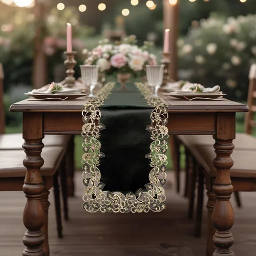 Vista 4 de DECOZEN Camino de mesa navideño de encaje dorado negro – Bufanda bordada para comedor y tocador para mesas de vacaciones, bodas y fiestas – 14 x 108