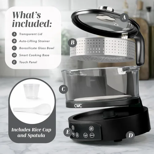 Vista 2 de COOK WITH COLOR Olla de arroz de vidrio mini de 3L baja en carbohidratos – Contiene 2 tazas crudas/Produce 6 tazas cocidas con cesta de filtro