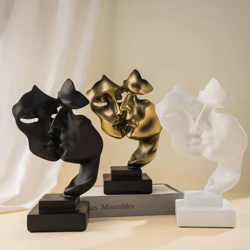 Vista 4 de Escultura de beso para parejas, adornos de estatua de resina de pensador negro, figura de arte abstracto de silencio es dorado, esculturas