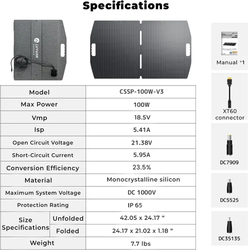 Vista 7 de LVYUAN Panel solar portátil de 100 W para estación de energía, panel solar plegable 23.5% monocelda con ETFE, IP65 P-PERC con adaptador 4 en 1