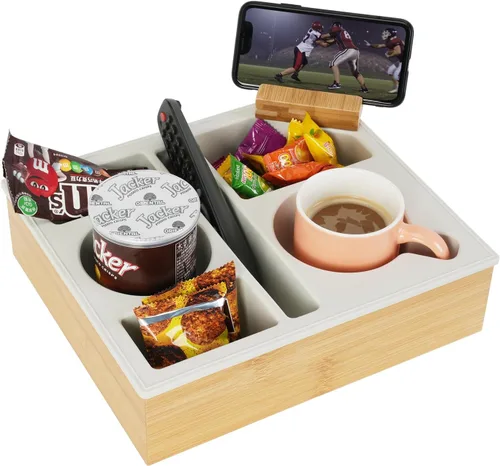 Vista 8 de Bandeja con Soporte para Tazas de Sofá, Caddy de Bambú de Silicona Hitseon con Soporte Giratoria para Teléfono para Cama y Asiento de Coche