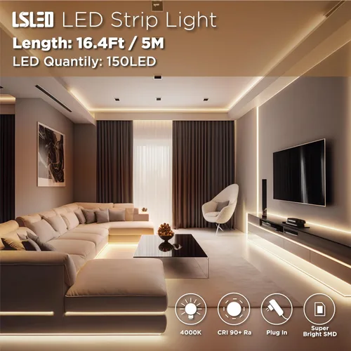 Vista 2 de Tira de luces LED, tira de luz LED de 16.4 pies con adaptador ETL de 12 V CC, 4000 K, luz blanca neutra con revestimiento de poliuretano, luces LED