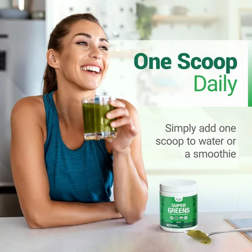 Vista 4 de SUPER GREENS Veggie Greens Superfood en polvo con 20 ingredientes orgánicos: espirulina, chlorella, cebada y otros, además de frutas orgánicas