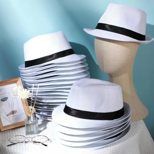 Vista 6 de Paquete de 24 sombreros Fedora de los años 20 a granel para hombres, sombreros de ala corta para el sol Panamá para mujeres, disfraz de fiesta