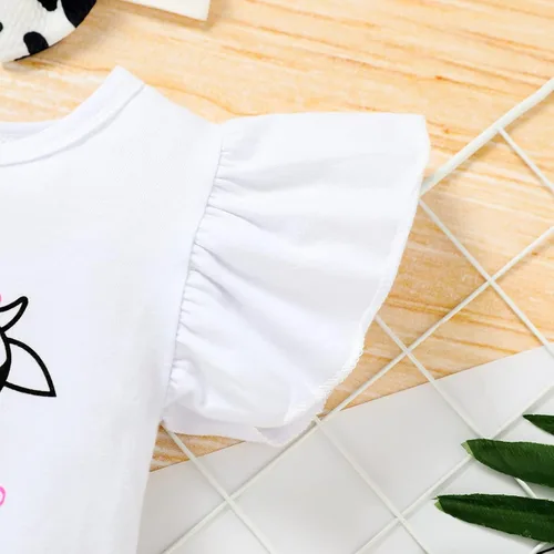 Vista 4 de Conjunto de ropa para bebé niña de 1er cumpleaños con mangas con volantes + pantalones cortos estampados + diadema para tartas