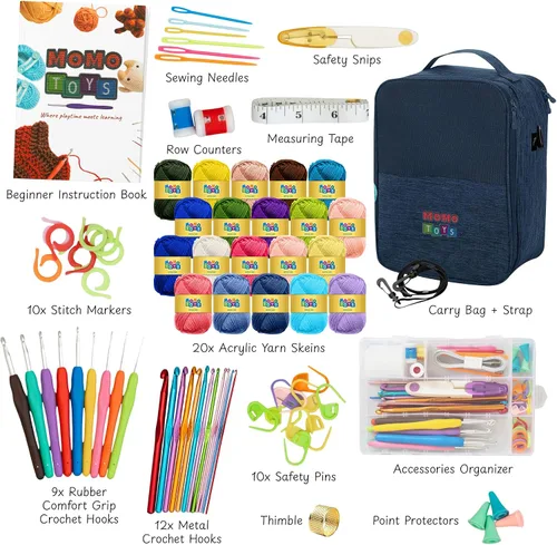 Vista 8 de MOMOTOYS Kit de 80 piezas para aprender a ganchillo para principiantes, adultos y niños, 20 hilos para ganchillo, bolsa de viaje de mezclilla, libro
