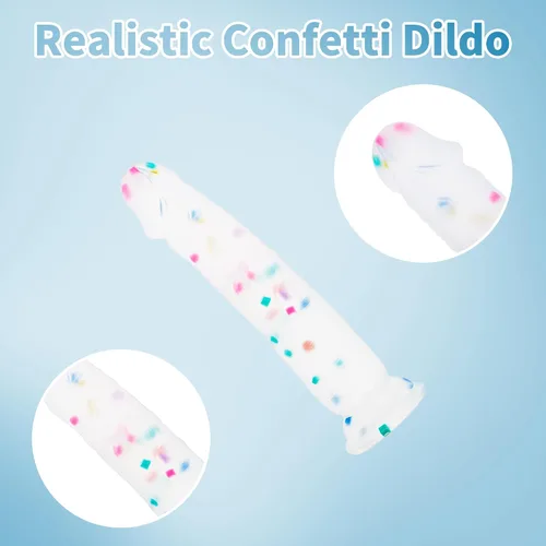 Vista 2 de Dildo realista de silicona de 7 pulgadas Confetti para principiantes con base de ventosa acampanada para uso sin manos, consolador anal