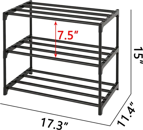 Vista 3 de Zapatero pequeño apilable, soporte estrecho para zapatos para niños, estante de almacenamiento de zapatos de metal para 6-8 pares de zapatos, Negro