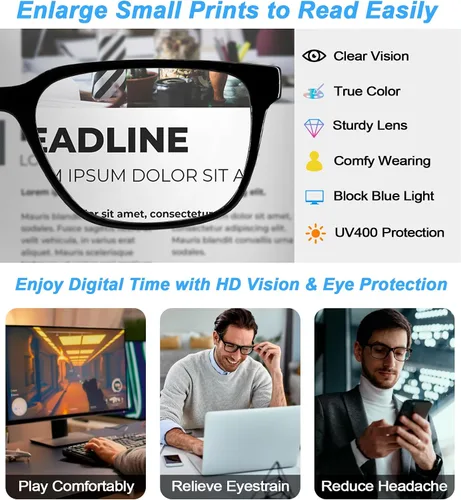 Vista 4 de Gafas de lectura con bloqueo de luz azul para hombres lectores de computadora 0.0 1.0 1.25 1.5 2.0 a 4.0