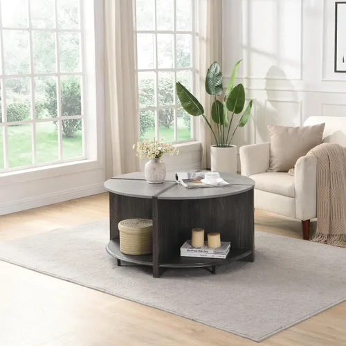 Vista 43 de KEVINSPACE Mesa auxiliar negra con borde dorado en la parte inferior, mesa de centro redonda para espacios pequeños, mesa auxiliar de madera mesita