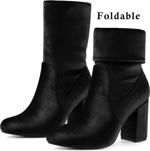 Vista 3 de Allegra K Botas de terciopelo con punta redonda y tacón de bloque plegables a media pantorrilla para mujer