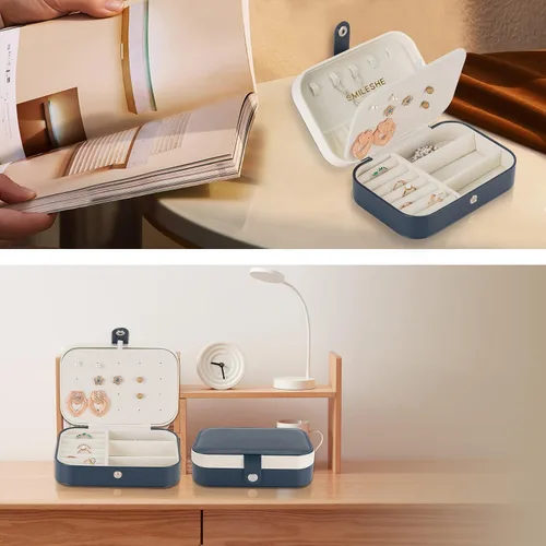 Vista 6 de Smileshe Joyero, estuche de viaje portátil pequeño de piel sintética, organizador de 2 capas, cajas de almacenamiento para anillos, aretes