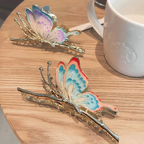 Vista 7 de Grandes pinzas de mandíbula de metal antideslizantes con mariposa brillante para mujeres - Agarre fuerte y bonito, accesorios para el cabello