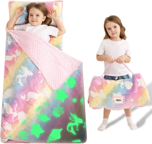 Vista 9 de Lasoftan Tapete para siesta para niños con almohada y manta, tapetes enrollados extra grandes para siestas, bolsas de dormir para niños y niñas
