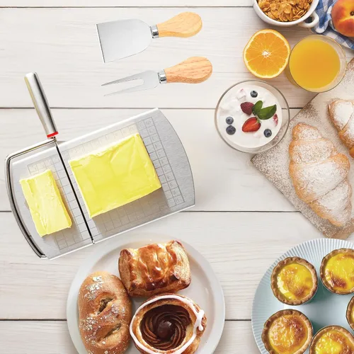 Vista 6 de Rebanador de queso con 2 piezas de cuchillo de queso, cortador de queso multiusos de acero inoxidable para queso en bloque con juego de 2 piezas