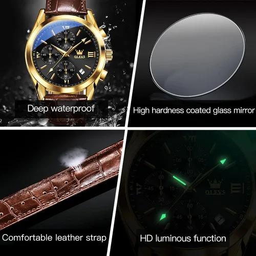 Vista 6 de OLEVS Reloj cronógrafo para hombre, reloj de pulsera analógico de cuarzo con correa de cuero para hombre (azulblanconegrodorado)