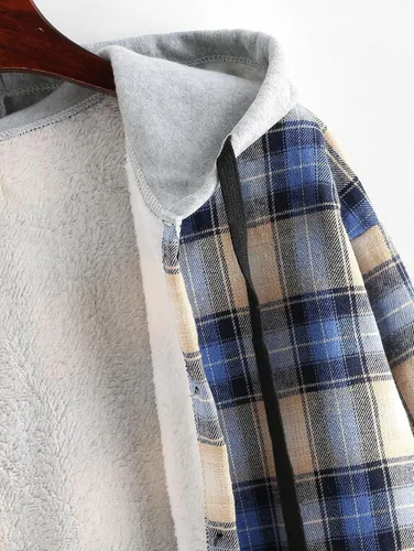 Vista 4 de ZAFUL Women's Plaid Fleece Lined Hooded Jacket Button Up Oversized Fuzzy Coat Checkered Flannel Hoodie Jacket