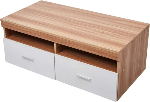 Vista 5 de Lucky Tree Mesa de café de 40 pulgadas, mesa de cóctel moderna de madera, cajón de almacenamiento blanco, diseño rectangular para sala de estar