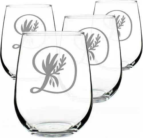 Vista 5 de Custom Monogram Floral Letter D - Personalized Stemless Wine Glass - Personalized Gifts for Women and Men - Large Engraved 17 Oz Glasses