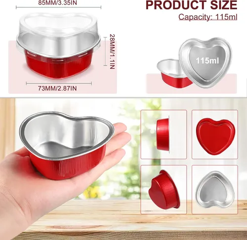 Vista 2 de Cunhill 60 juegos de moldes para pasteles en forma de corazón con tapas, 3.4 onzas líquidas, papel de aluminio, mini moldes desechables para blanco