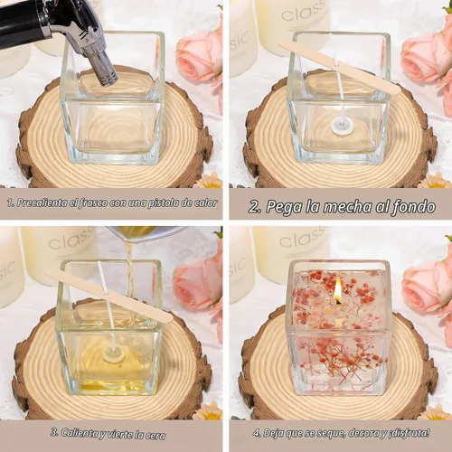Vista 4 de CONNOO Paquete de 12 tarros de vela cuadrados transparentes de 9 onzas para hacer velas, recipientes vacíos de vidrio grueso a granel con tapas